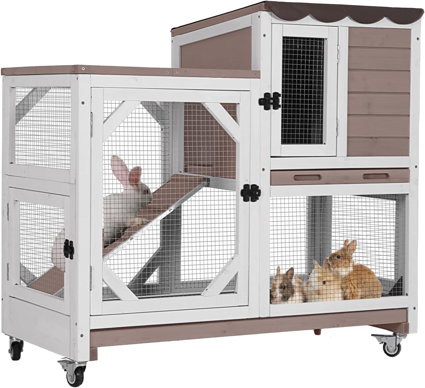 Aivituvin Rabbit Cage Indoor Outdoor Bunny Hutch on Wheels, 2 Story Wood Guinea Pig Cages with 2 Deeper Pull Out Trays