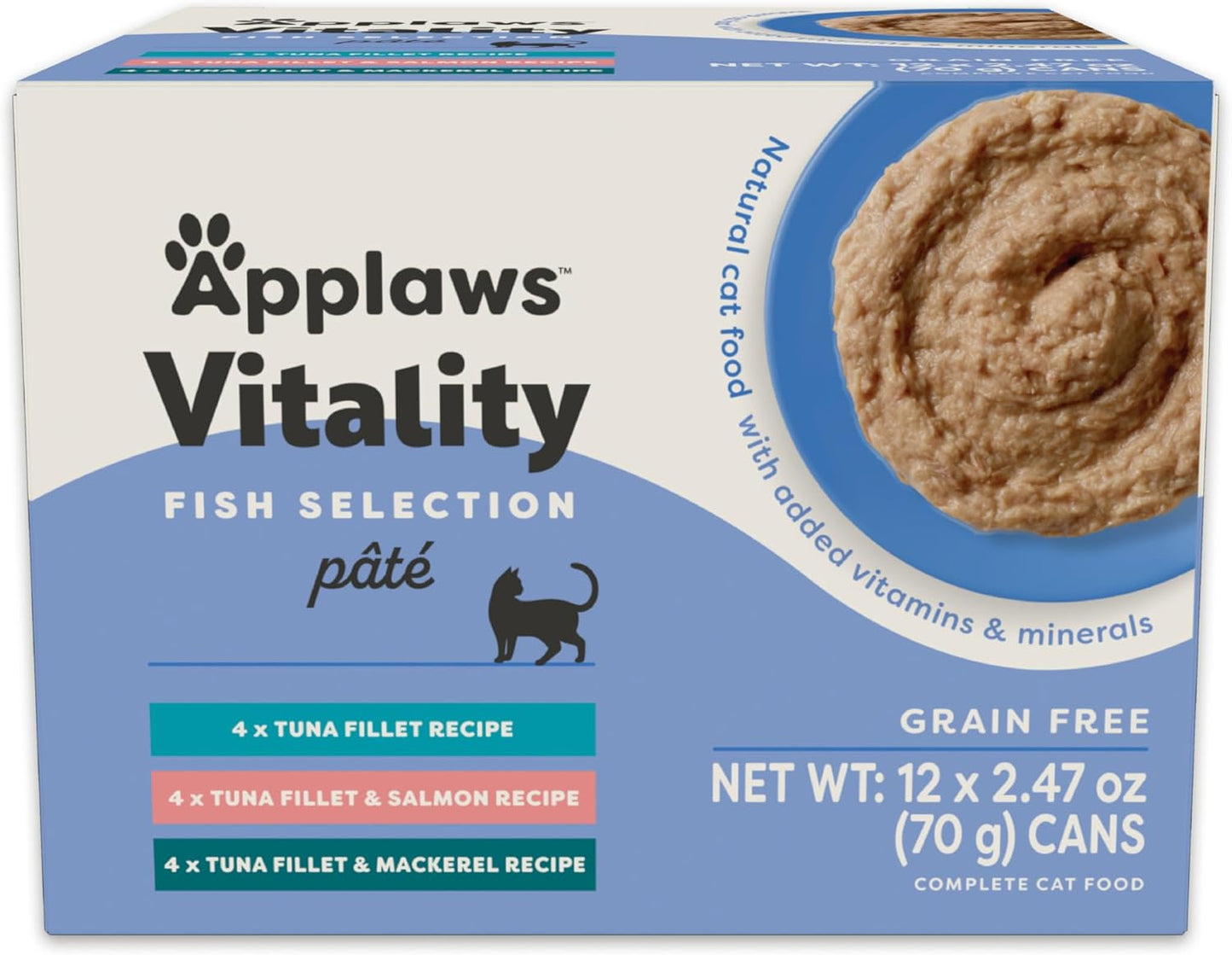 Applaws Vitality Wet Cat Food Paté, Natural Canned Cat Food, Wet Food for Cats with Added Vitamins and Minerals, Grain Free, Carrageenan Free, Fish Variety Selection Paté (12 Count, 2.47 oz Cans)