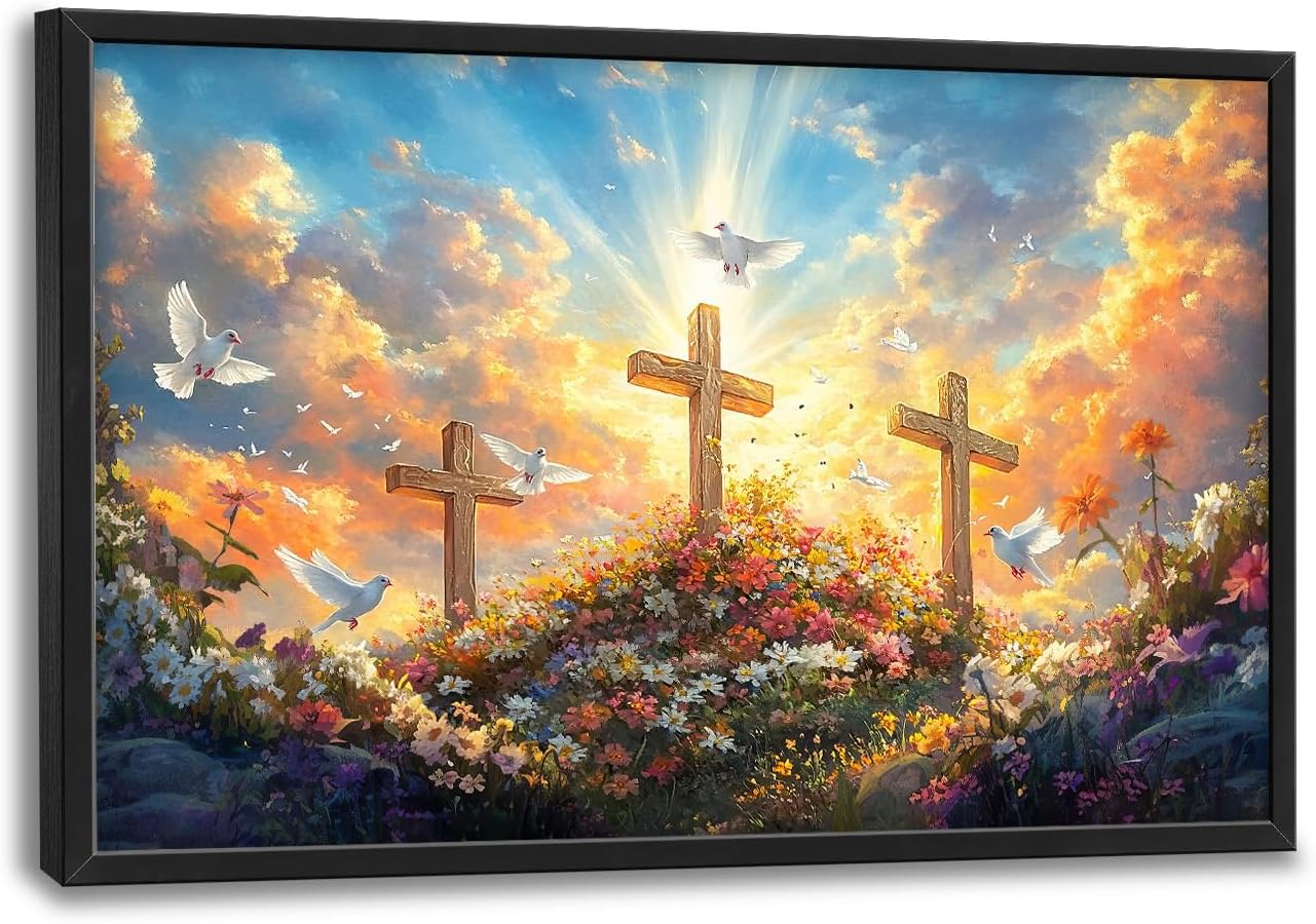 Framed Large Christian Jesus Wall Art, Oversized Floral Dove Wall Decor for Living Room, Landscape Canvas Painting Peaceful Pictures Modern Artwork for Living Room Bedroom Office 36"x24"