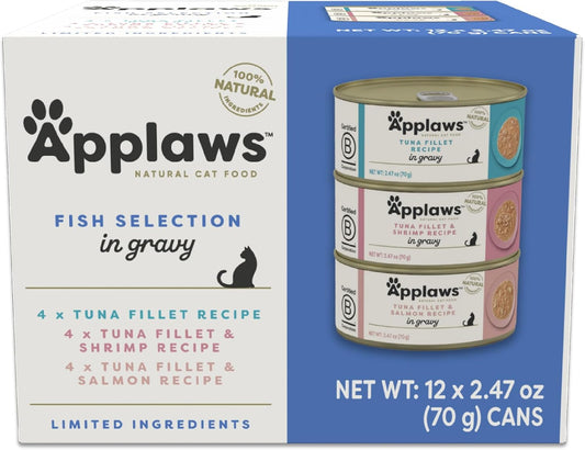 Applaws Natural Wet Cat Food in Gravy, Limited Ingredient Canned Wet Cat Food, Variety Pack, Made with Natural Ingredients, Fish Selection Variety Pack in Gravy (12 x 2.47oz Cans)