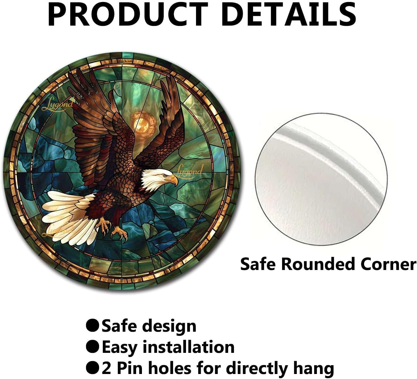 Lygond Metal Sign Tin Sign Circular Stained Glass American Bald Eagle Garden Sign for Restaurant 12×12 Inches
