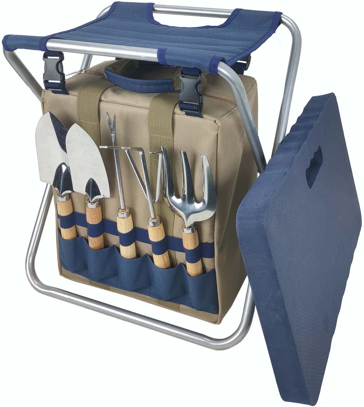 Garden Folding Gardener Stool with Gardening Tools Insulation Garden Bags Plus 5 Garden Tools and Gardening Kneeler Ideal Gift for Mother's Day/Father's Day (Navy Blue)