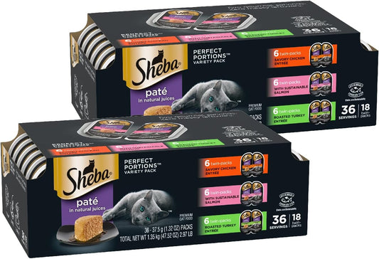 Sheba Perfect Portions Wet Cat Food Pate Savory Chicken, with Sustainable Salmon, and Roasted Turkey Entree Variety Pack, 2.6 oz. Twin-Pack Trays (18 Count, 36 Servings) (Pack of 2)