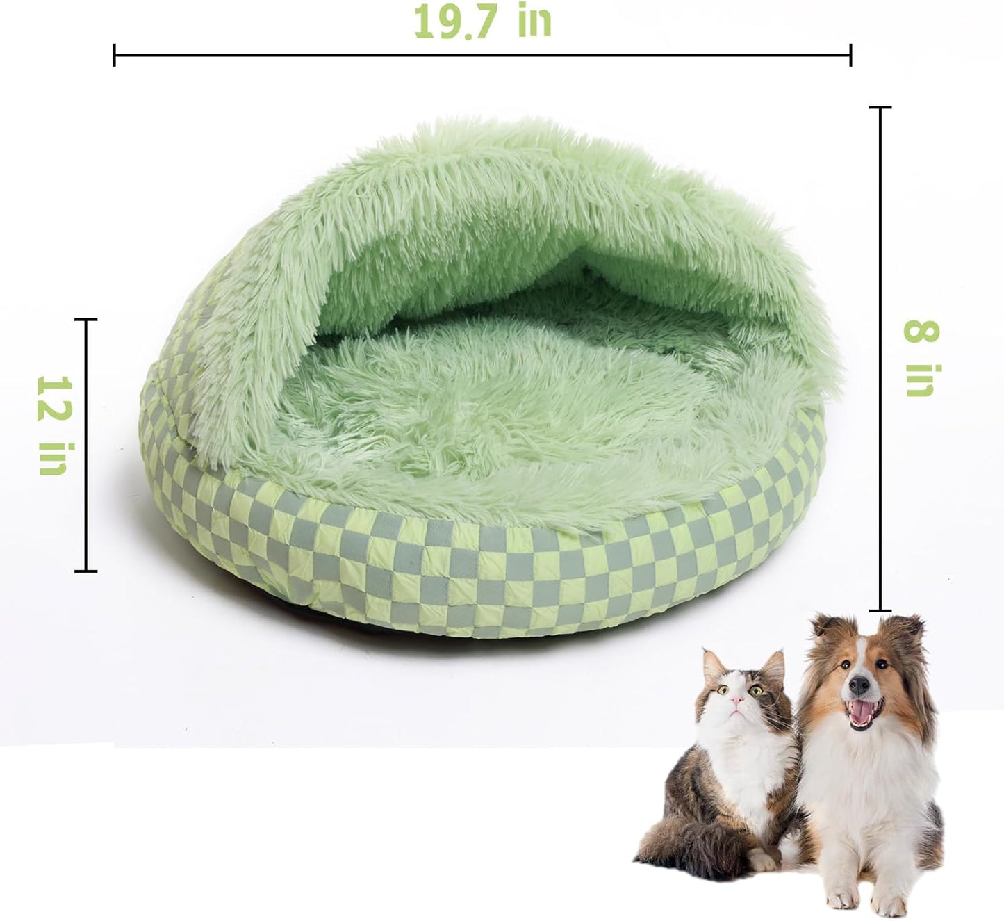 Cat Bed Hooded Plush Nest with Self-Warming Cozy Cave, Calming Anti-Anxiety Pet Bed for Indoor Cats & Small Dogs, Removable Washable Cover & Waterproof Bottom - Green
