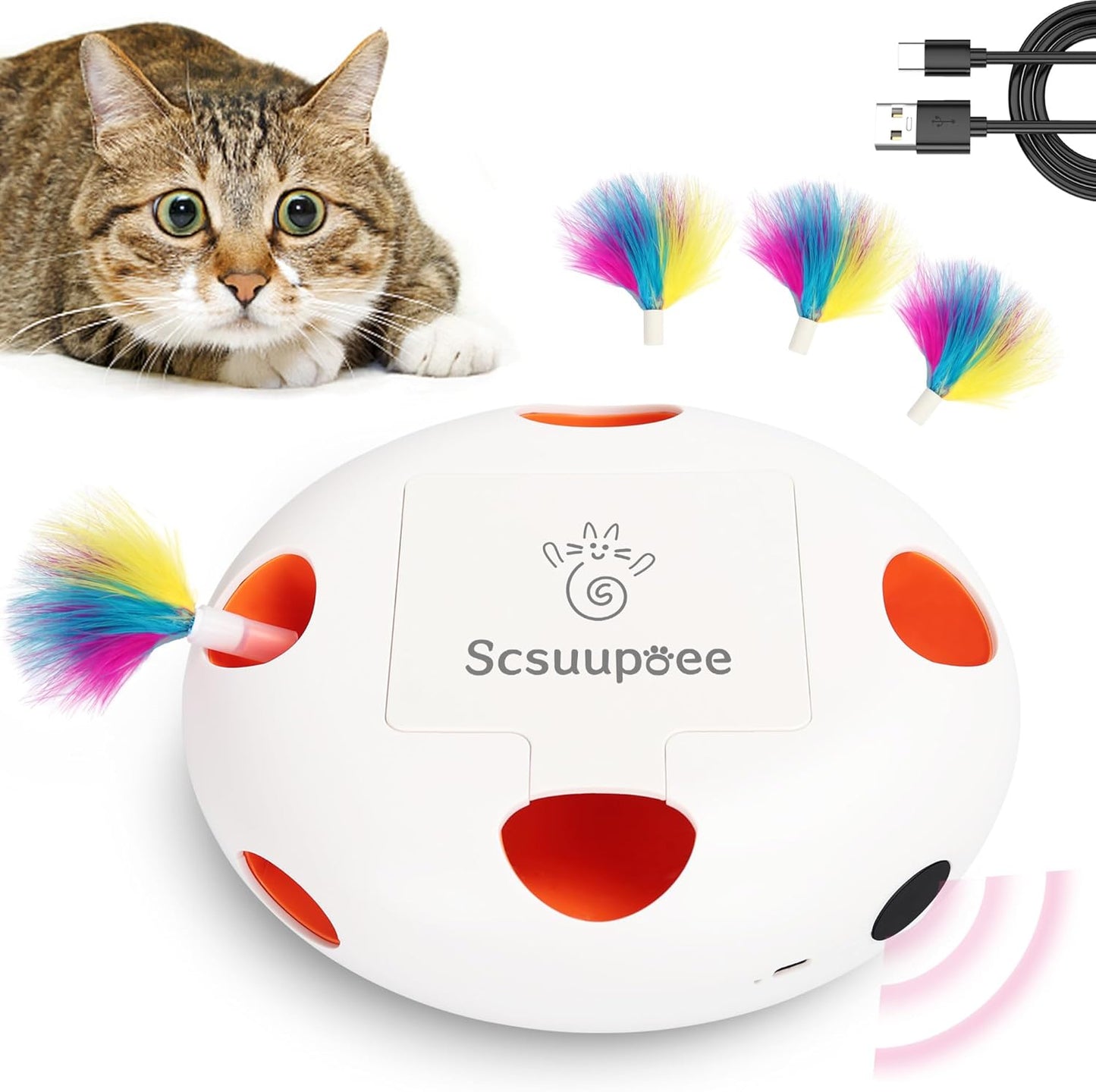 Interactive Cat Toy, Electric Cat Toys for Moving Concealed Feathers, Smart Sensor 7 Holes Whack a Mole Feather Toy, USB Charge Automatic Kitten Toys,White
