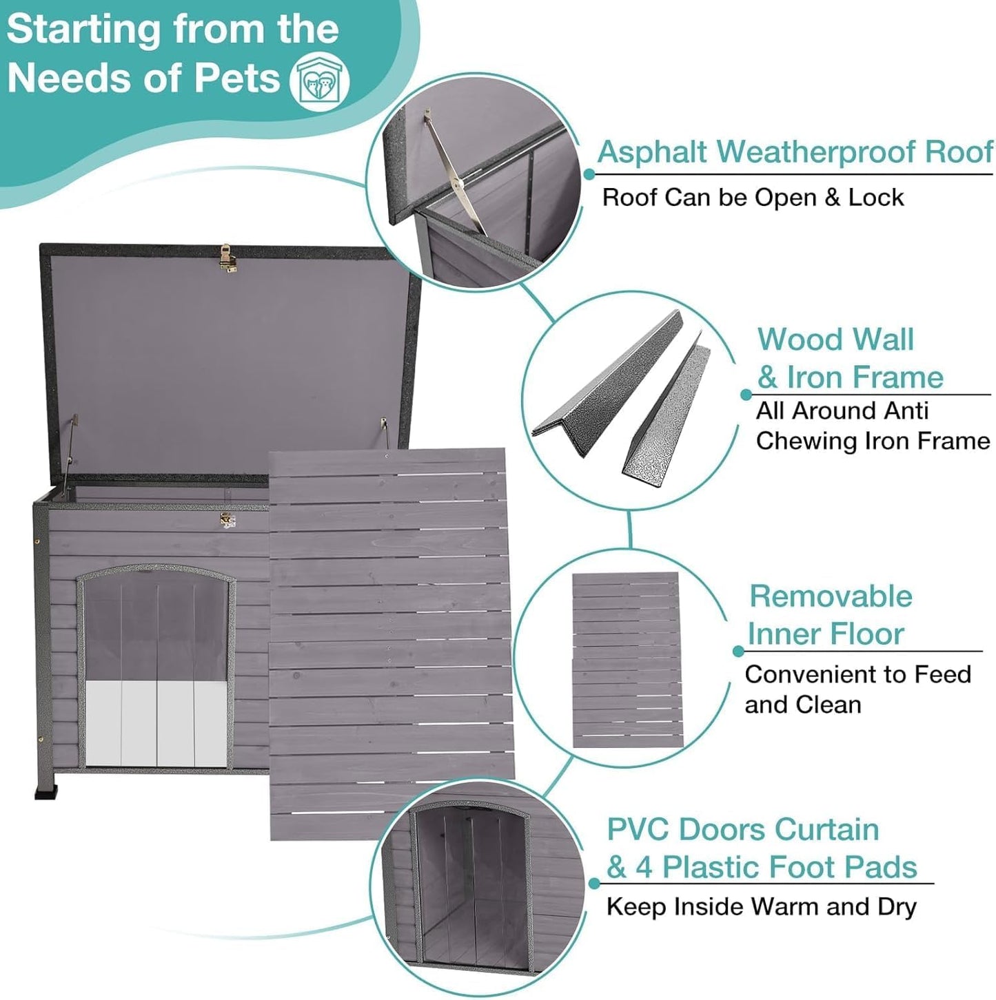 Feral Dog House Outdoor,Anti Bite Iron Frame Dog Kennel,Wood Warm Pets Home,Insulated Weatherproof Outside Shelter for Feral Animal (43.3" (L) x 29.4" (W) x 33.4" (H)-Grey-in)