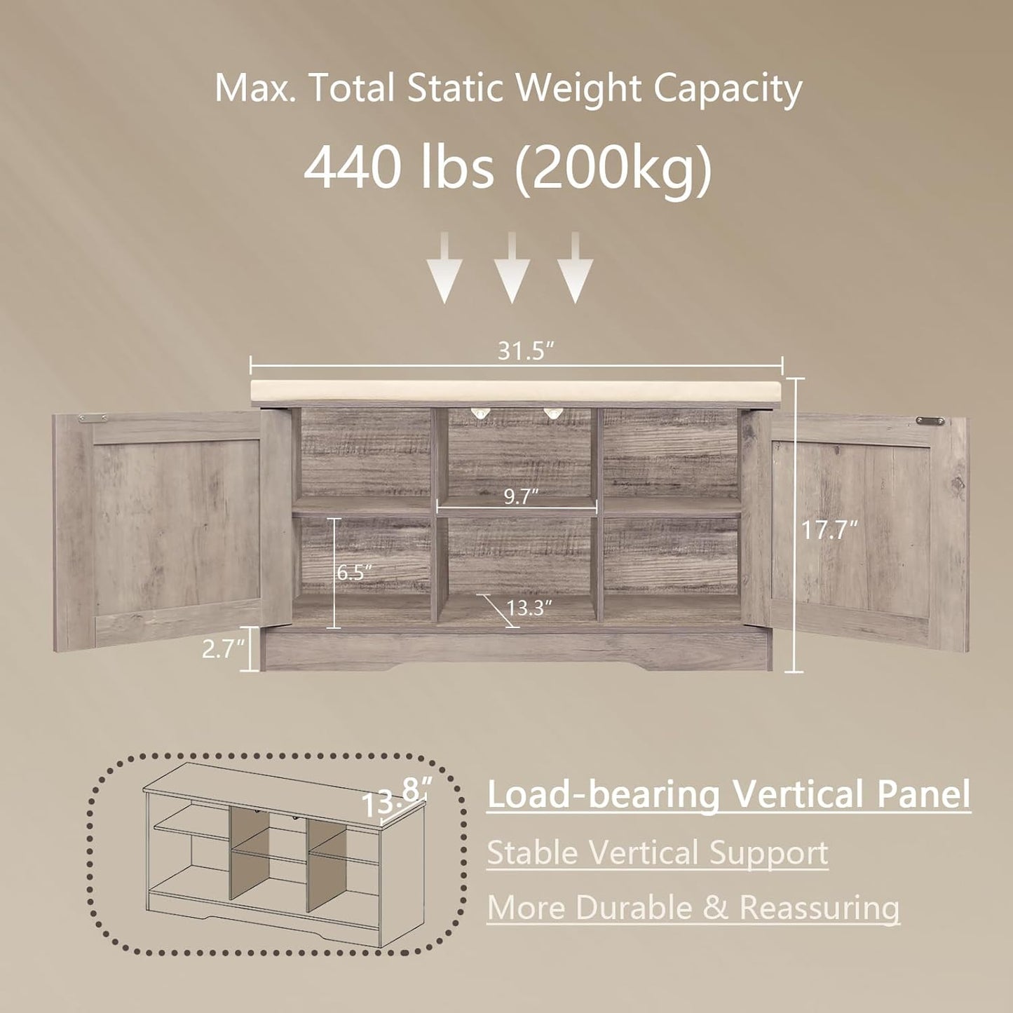 DINZI LVJ Shoe Bench, Entryway Storage Bench with Doors, Cushion, 2-Tier Shoe Rack with 6-Cubby, 31.5”L x 13.8”W Shoe Organizer Cabinet, Adjustable Shelf, Living Room, Bedroom, Greige