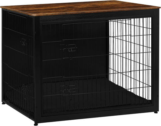 DWANTON Dog Crate Furniture with Cushion, Wooden Kennel Table with Double Doors, Indoor Dog House, Extra Large Size, 43.3" L, Black+Rustic Brown