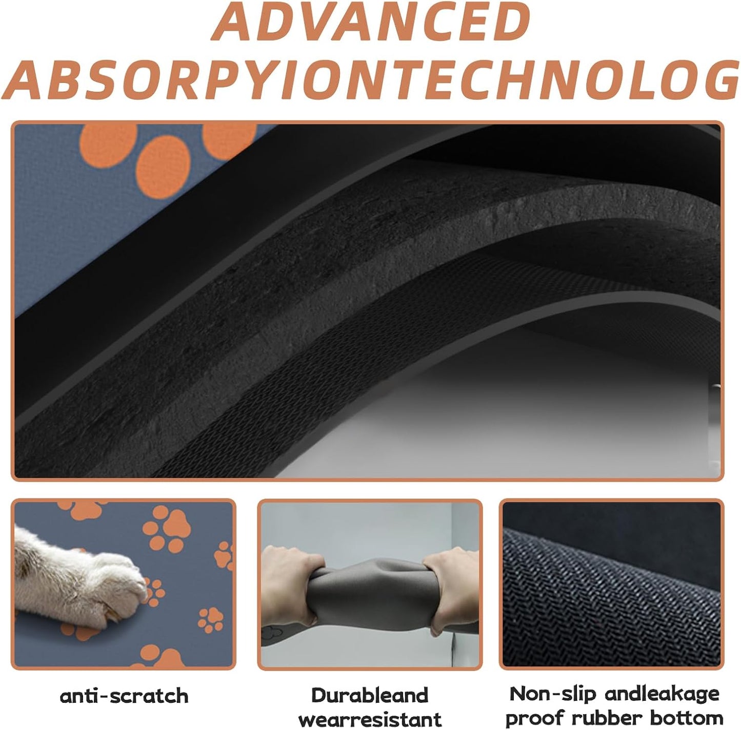 18"×30" Dog Food Mat-Absorbent Dog Mat for Food and Water, No Stains Quick Dry Cat Dog Food Bowl Mat Non Skid Dog Feeding Mat with Footprints for Messy Drinkers Blue