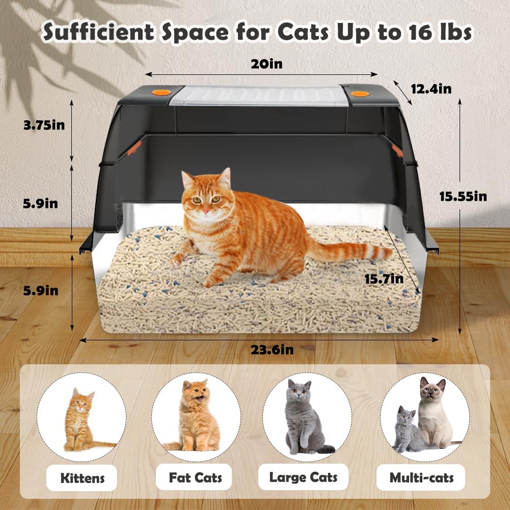 Vivifying Stainless Steel Litter Box, XL Side Entry Extra Large Litter Box with Lid for Big Cats & Kitty, Removable Enclosed Metal Cat Pan with High Sided Enclosure, Scoop, Mat, Footboard (Black)