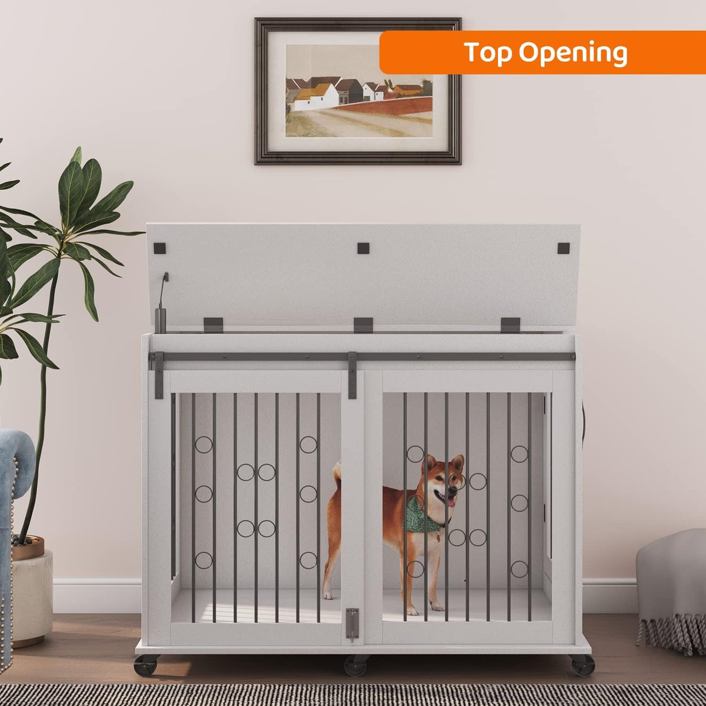 IchbinGo Large Dog Crate Furniture with Sliding Barn Door, 43.7" Wooden Dog Kennel End Table with Wheels and Flip-top Plate Dog House with Detachable Divider for Small/Medium/Large Dog (White)