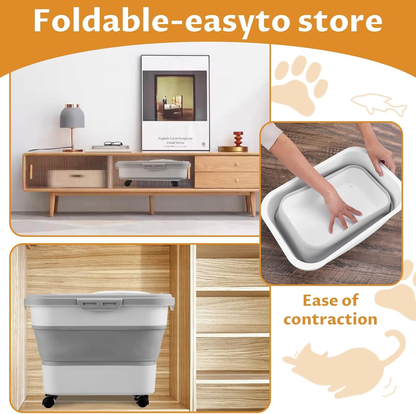 Collapsible Cat Litter Storage Bin Container with Airtight Lids, Portable Cat Litter Storage Container with Wheels, Kitchen Cereal Rice Leakproof Sealable