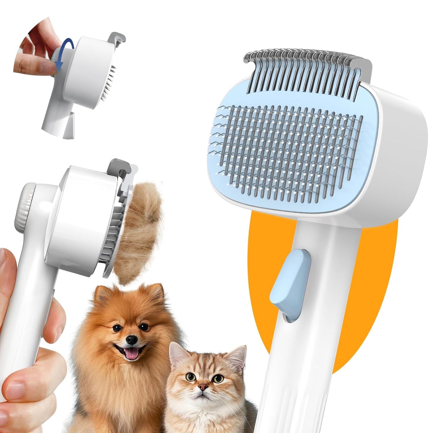 Self Cleaning Slicker Brush, 2-in-1 Cat Brush for Shedding, Skin Friendly Grooming Tool for Long & Medium-Long Hair Pets, Adjustable Bristle Length with Dematting Comb for Cats, Dogs (Blue)
