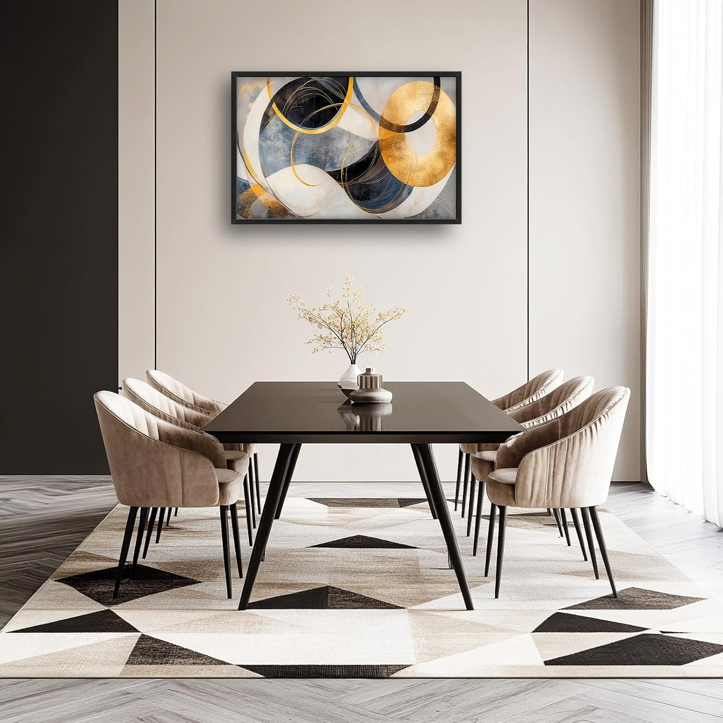 Large Abstract Wall Art for Living Room, Oversized Abstract Circle Wall Decor, Black and Golden Abstract Canvas Painting Modern Artwork Home Decoration for Living Room Bedroom Office Framed 36"x24"