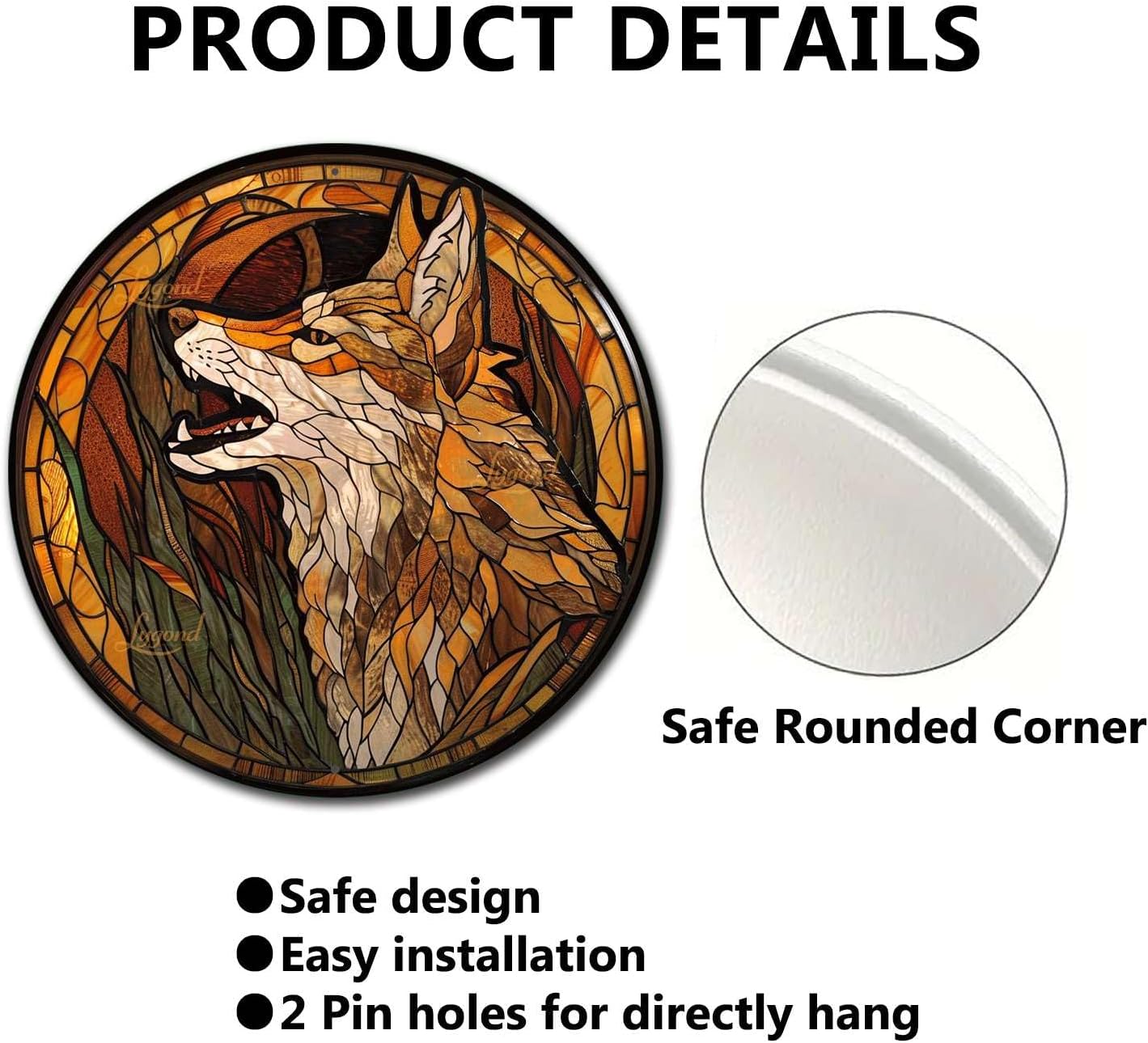 Lygond Metal Sign Tin Sign Circular Stained Glass Coyote Gardening Poster for Home Decor 8×8 Inches