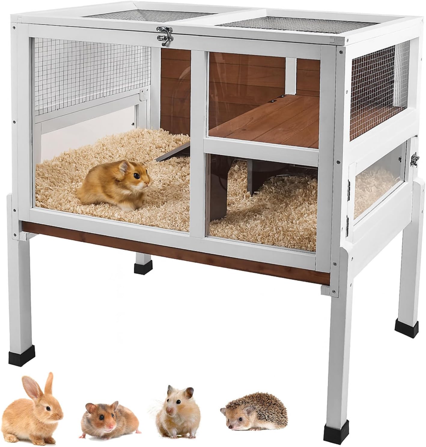 2-Story Guinea Pig Cage with Stand, Indoor Wooden Hamster Cage with Ramp, Pull-Out Tray, Hideout & Platform, Acrylic Transparent Small Animal Habitat for Chinchillas, Ferrets, Hedgehogs, Walnut