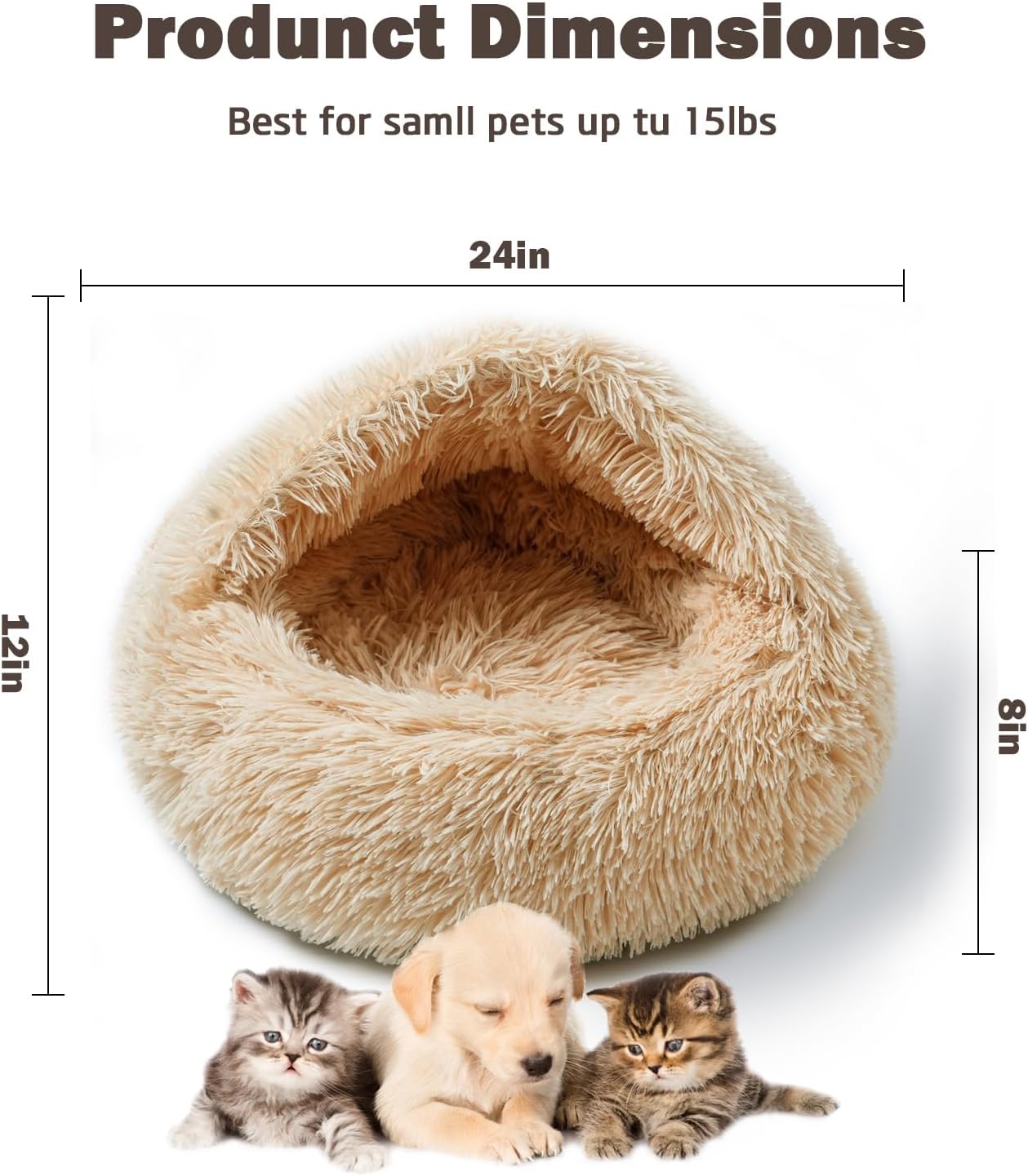 Cat Bed for Indoor Cats, Calming Cozy Cave with Self-Warming Plush, Entire Bed Machine Washable & Anti-Slip Base, Breathable Pet Bed for Small Cats&Dogs All Seasons (Apricot Color, 24 * 24inch)