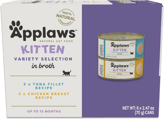 Applaws Natural Wet Kitten Food in Broth, Limited Ingredient, No Additives, Kitten Food Variety Pack in Broth (6 x 2.47oz Cans)