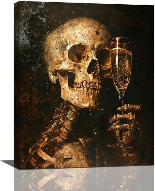 Quorin Gothic Skeleton Wall Art Goth Skull Champagne Wall Decor Dark Academia Pictures Horror Canvas Print Painting Artwork for Bathroom Living Room Bedroom 16"x20"