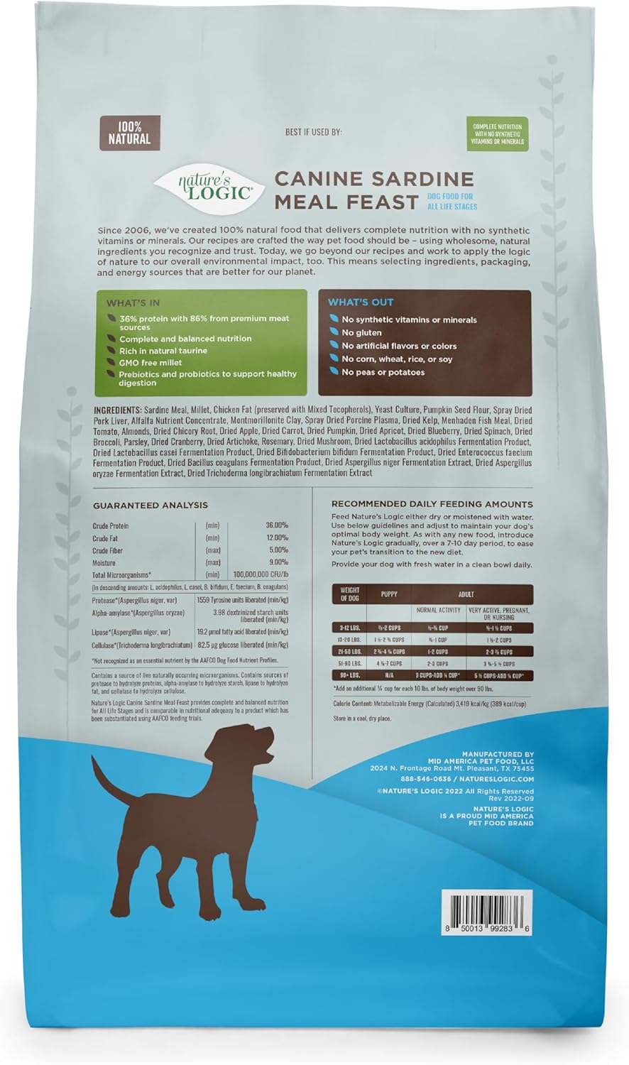 NATURE'S LOGIC Dry Dog Food - 100% Natural - No Synthetics - for All Ages, Sizes, Breeds - Free from Common Allergens, High Protein - Sardine Meal Feast, 25lbs