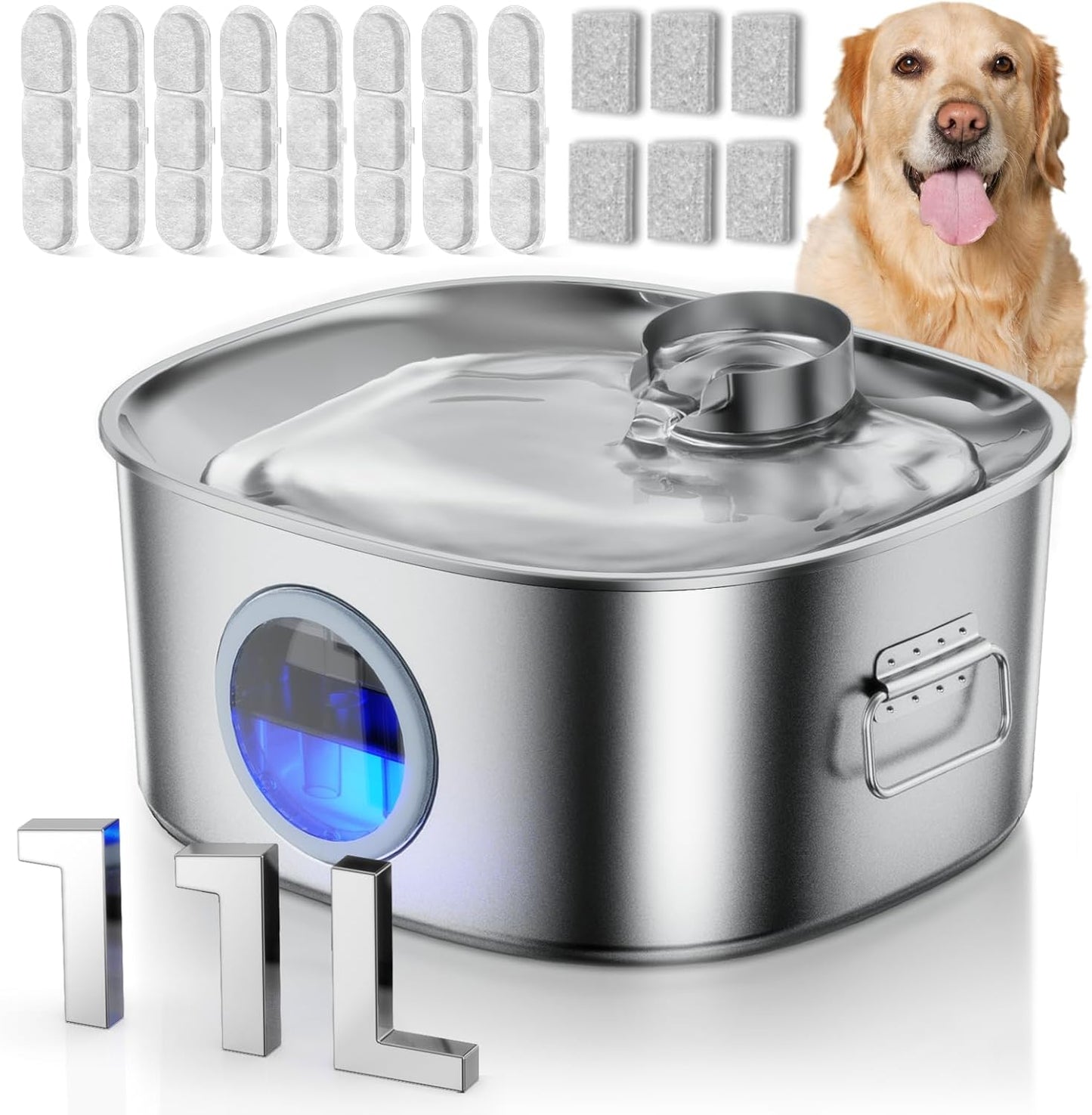 Dog Water Fountain Stainless Steel, 11L/2.8Gal Large Pet Water Fountain for Large Dogs Inside, Dog Fountain Water Bowl Automatic Dispenser with Visible Window & LED, Ultra Quiet (with 8pcs Filters)