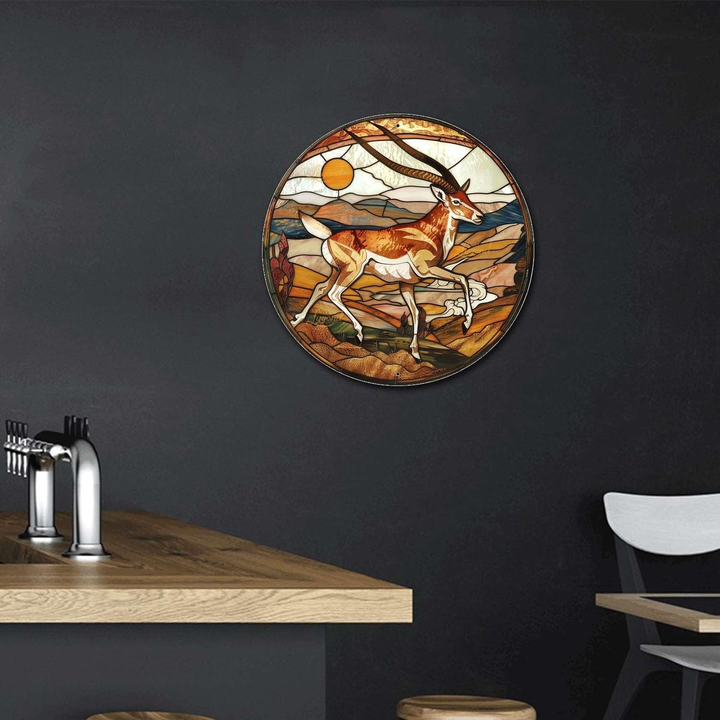 Lygond Metal Sign Tin Sign Circular Stained Glass Pronghorn Bar Signs For Home Bar For Restaurant 8×8 Inches