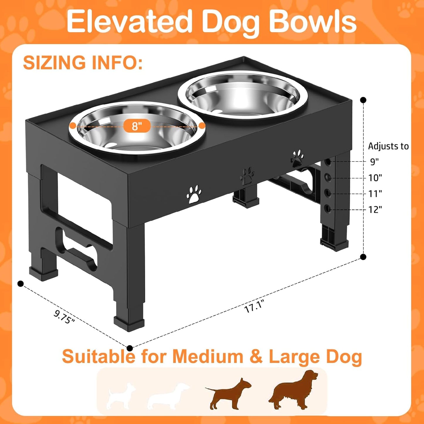 Elevated Dog Bowls with 2 Stainless Steel Bowls, Raised Dog Food Bowl Stand 5 Height Adjustable (3.1", 9", 10", 11", 12") Non-Slip Feeder Station Set for Medium and Large Dogs - Black