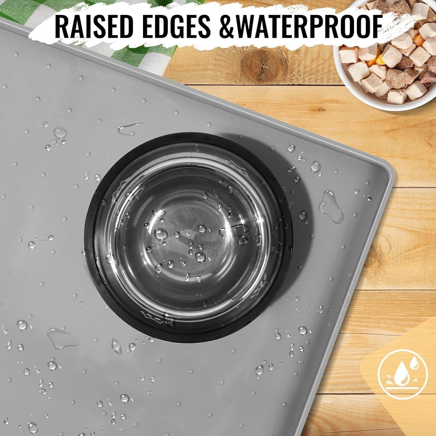 MateeyLife Cat & Dog Food Mat - Waterproof, Non-Slip Bowl Mat with Raised Edges, Silicone Matt Tray for Messy Drinkers, 22"x14", Grey