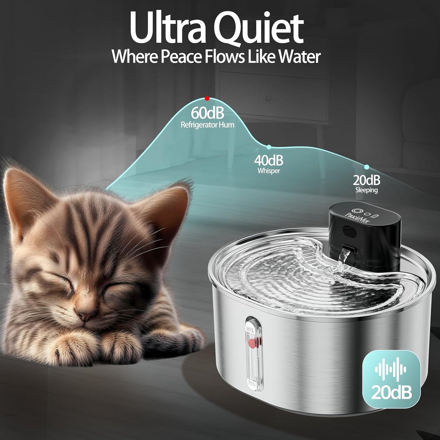Pumpless Cat Water Fountain Stainless Steel Battery Operated, 108oz/3.2L Wireless Pet Water Fountain, Cordless Automatic Dispenser with 2 Replacement Filters for Cats, Dogs, Multiple Pets