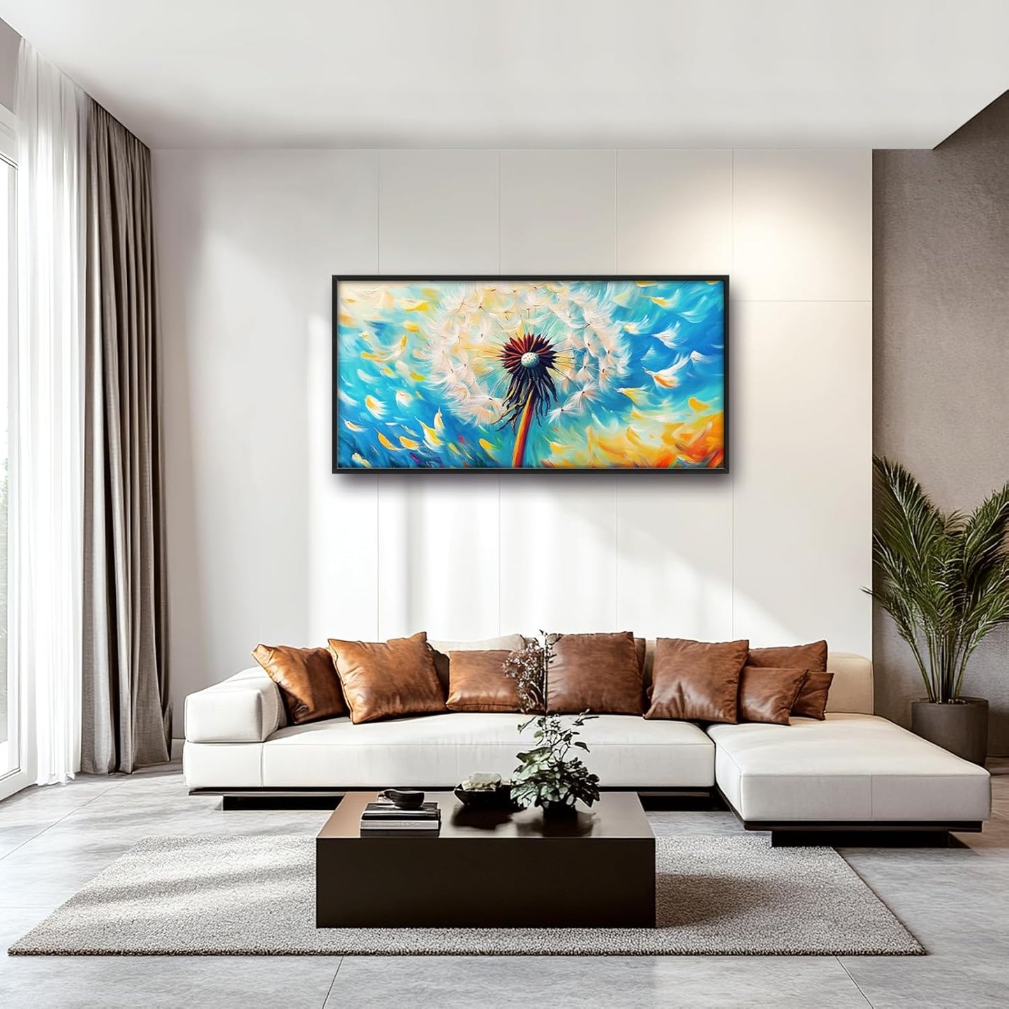 Extra Large Abstract Dandelion Framed Wall Art for Living Room,Oversized Colorful Dandelion Flower Pictures Wall Decor,Blue Canvas Print Painting Modern Artwork Bedroom Office Bathroom 60L" x 30W"