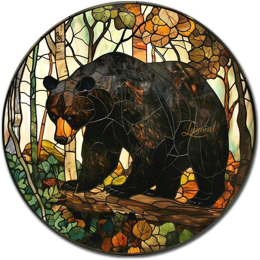 Lygond Metal Sign Tin Sign Circular Stained Glass American Black Bear Gardening Poster for Bar 8×8 Inches