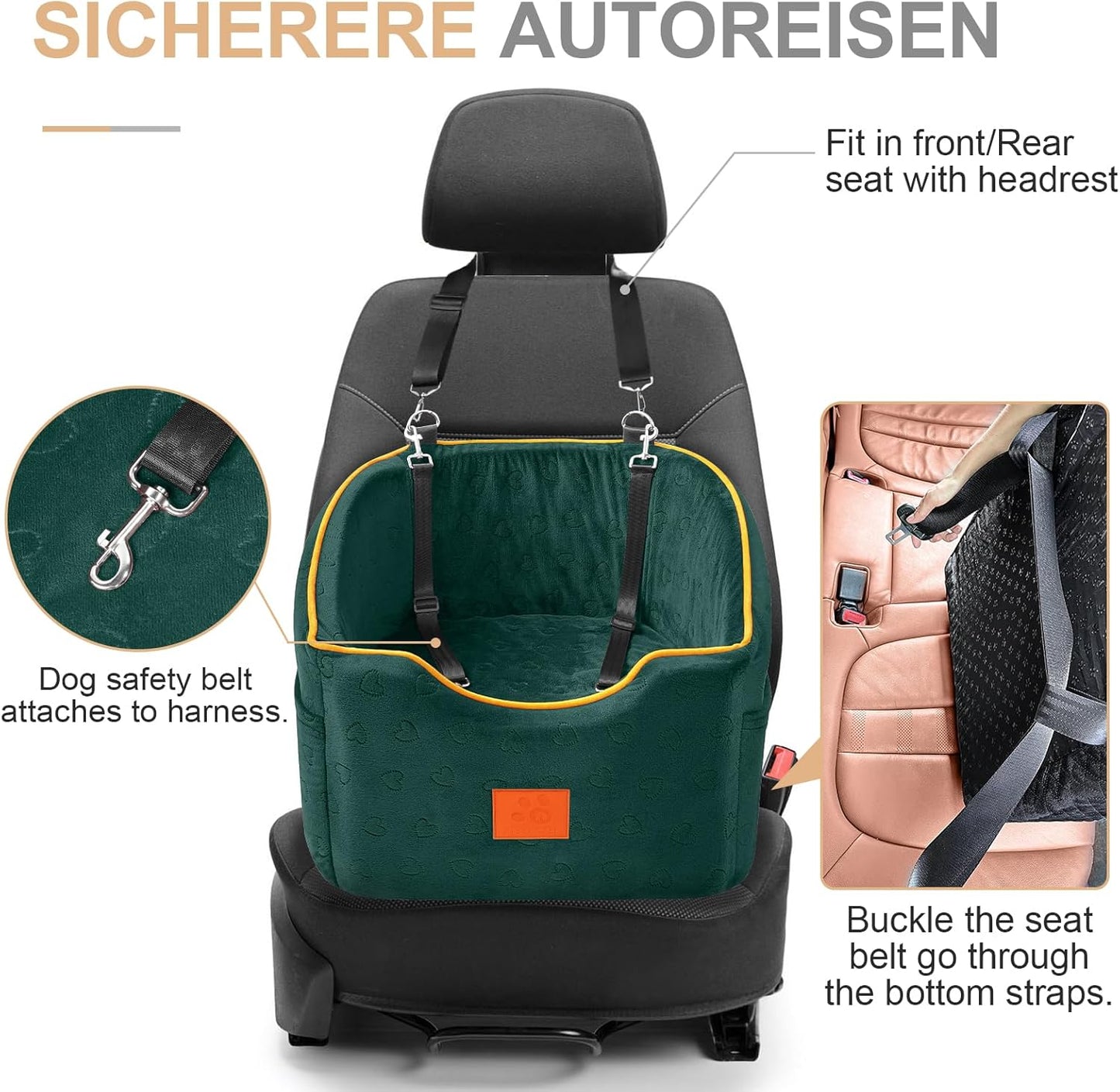 Dog Car Seat for Small Dogs, Memory Foam Booster Dog Seat for Dogs up to 35 lbs, Elevated Pet Car Seat, Travel Safety Pet Seat with Washable Removable Cover, Storage Pockets (Green)