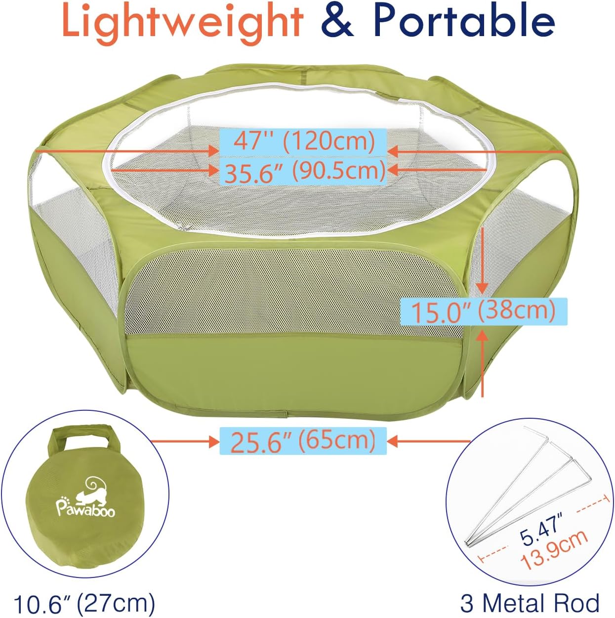Pawaboo Small Animals Playpen, Waterproof Small Pet Cage Tent with Zippered Cover, Portable Outdoor Yard Fence with 3 Metal Rod for Chick/Kitten/Puppy/Guinea Pig/Rabbits/Hamster/Chinchillas,Green