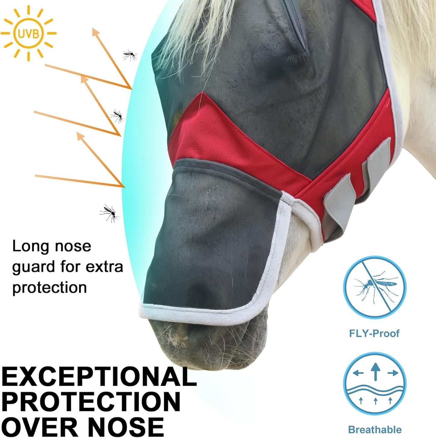 Horse Fly Mask with Ears & Long Nose Cover | Forelock Opening for Tangle-Free Mane Care | UV Protection & Breathable Mesh | No Rub Fit and Enhanced Visbility for Trail Riding Red Pony