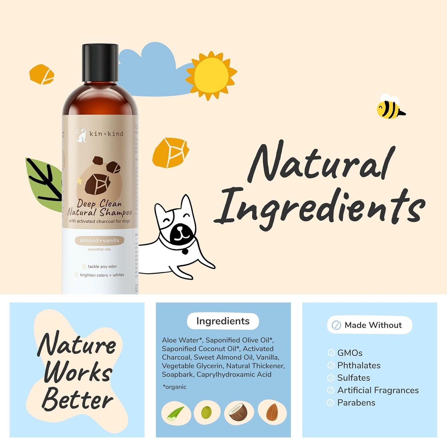 kin+kind Dog Shampoo - Deep Clean, Dirt & Odor Remover w/Activated Charcoal for Dogs, Gentle Formula w/Natural Aloe, Olive Oil & Coconut Oil, Pet Care & Grooming Products, Almond & Vanilla, 12 fl oz