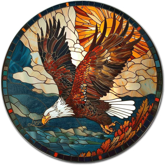 Lygond Metal Sign Tin Sign Circular Stained Glass American Bald Eagle Bathroom Signs for Home for Garden 12×12 Inches