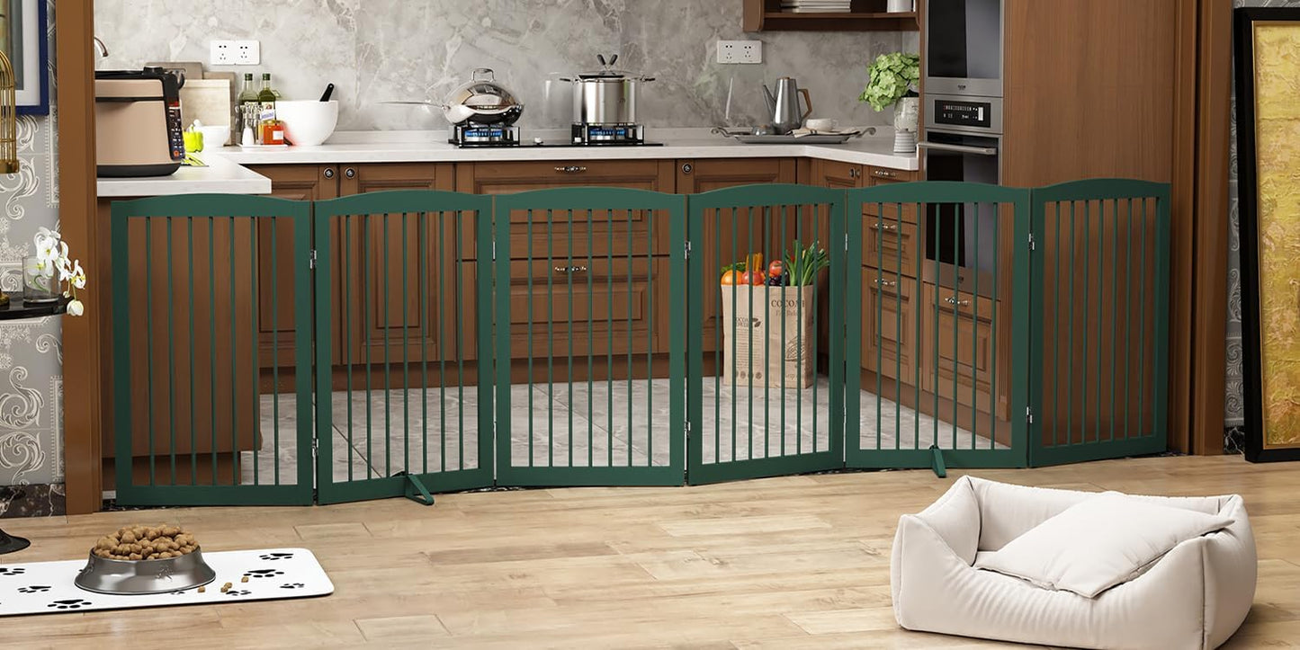 Freestanding Pet Gate for Dogs, Foldable Wooden Dog Gate for House, Extra Wide Indoor Pet Barrier for Stair, Doorway, Hall, Support Feet Included, 120 Inch Wide, 6 Panels 24",Green