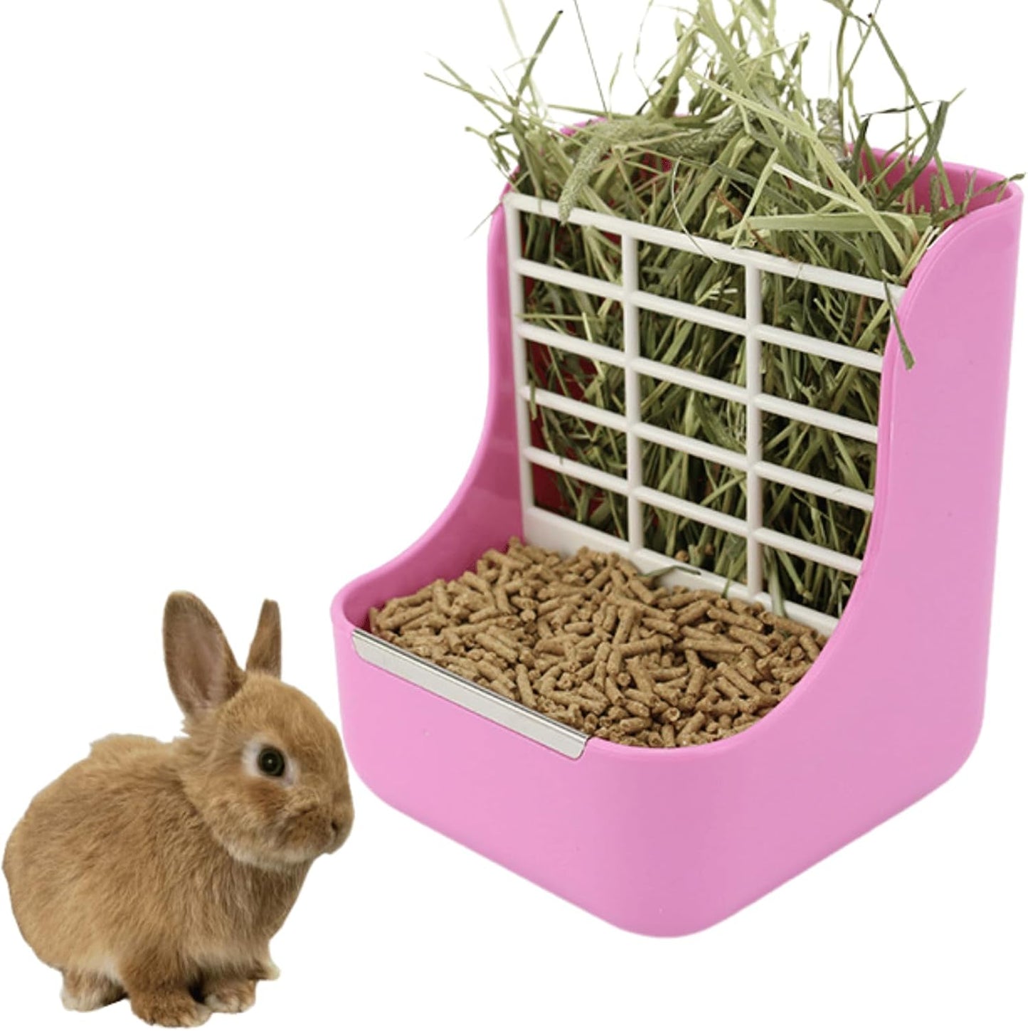 2 in 1 Food Hay Feeder for Guinea Pig, Rabbit Feeder, Indoor Hay Feeder for Guinea Pig, Rabbit, Chinchilla, Feed Bowls Use for Grass & Food (Pink)
