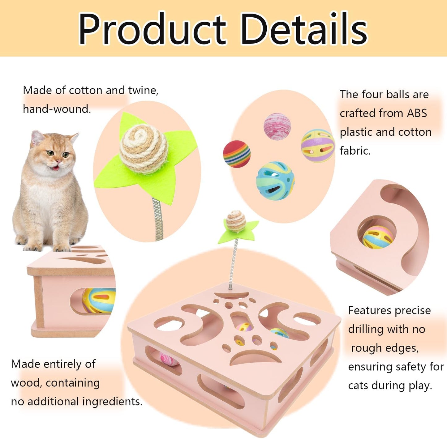 Interactive Wooden Cat Puzzle Toy Box Indoor Hunting Play Toy to Stimulate Your Cat’s Energy and Instincts (Pink)