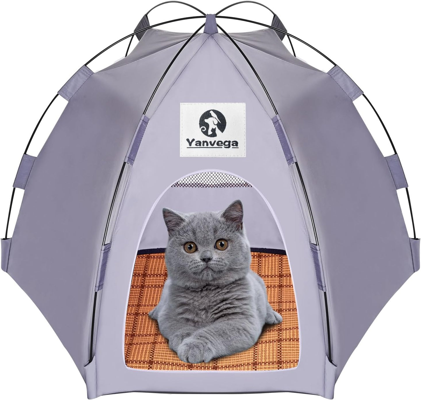 Yanvega Cat Tent Cat Beds for Indoor Cats Pet Supplies, 23.6" × 23.6" × 16.8" Cat Pop Up Tent Collapsible Cat House Cat Cave Outdoor, No Assemble Required High Elastic Frame with Ground Nail （Gray）