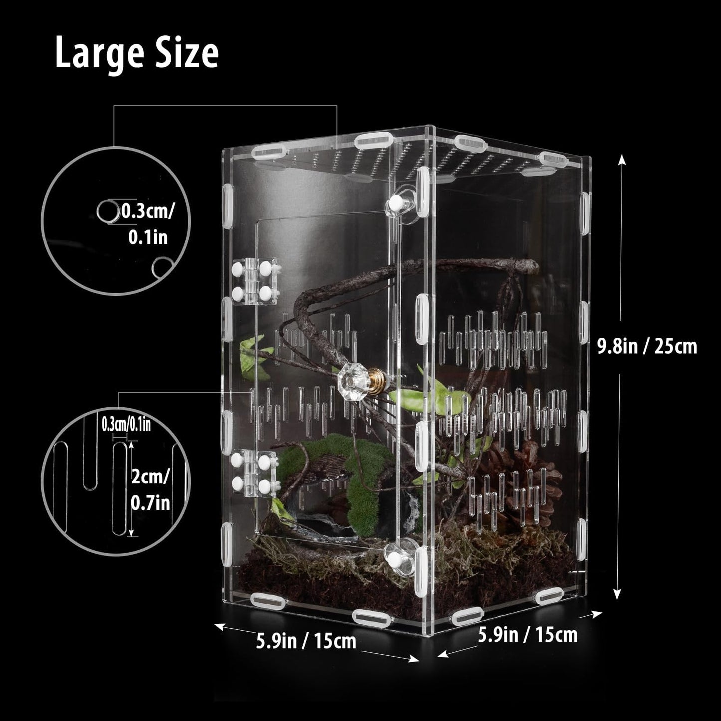 Jumping Spider Enclosure, Large Acrylic Praying Mantis Habitat, 10"*6"*6" Ventilated Insect Terrarium Cage with Front Opening Door for Small Retiles - Arboreal Tarantula, Snails, Bug, Lizard