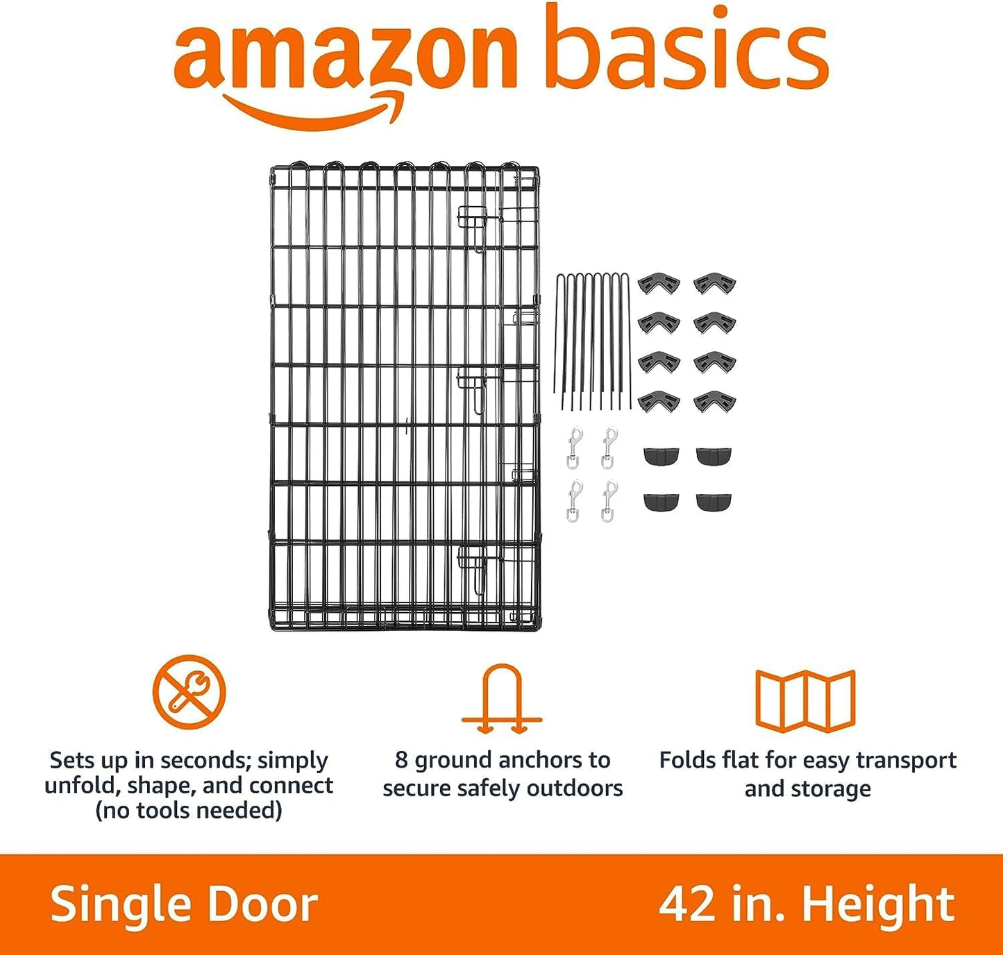 Amazon Basics Foldable Octagonal Metal Exercise Dog Playpen - Indoor/Outdoor, Single Door, Large (8 Panels, 24 x 42), Easy to assemble and store, 42" - Large, Black