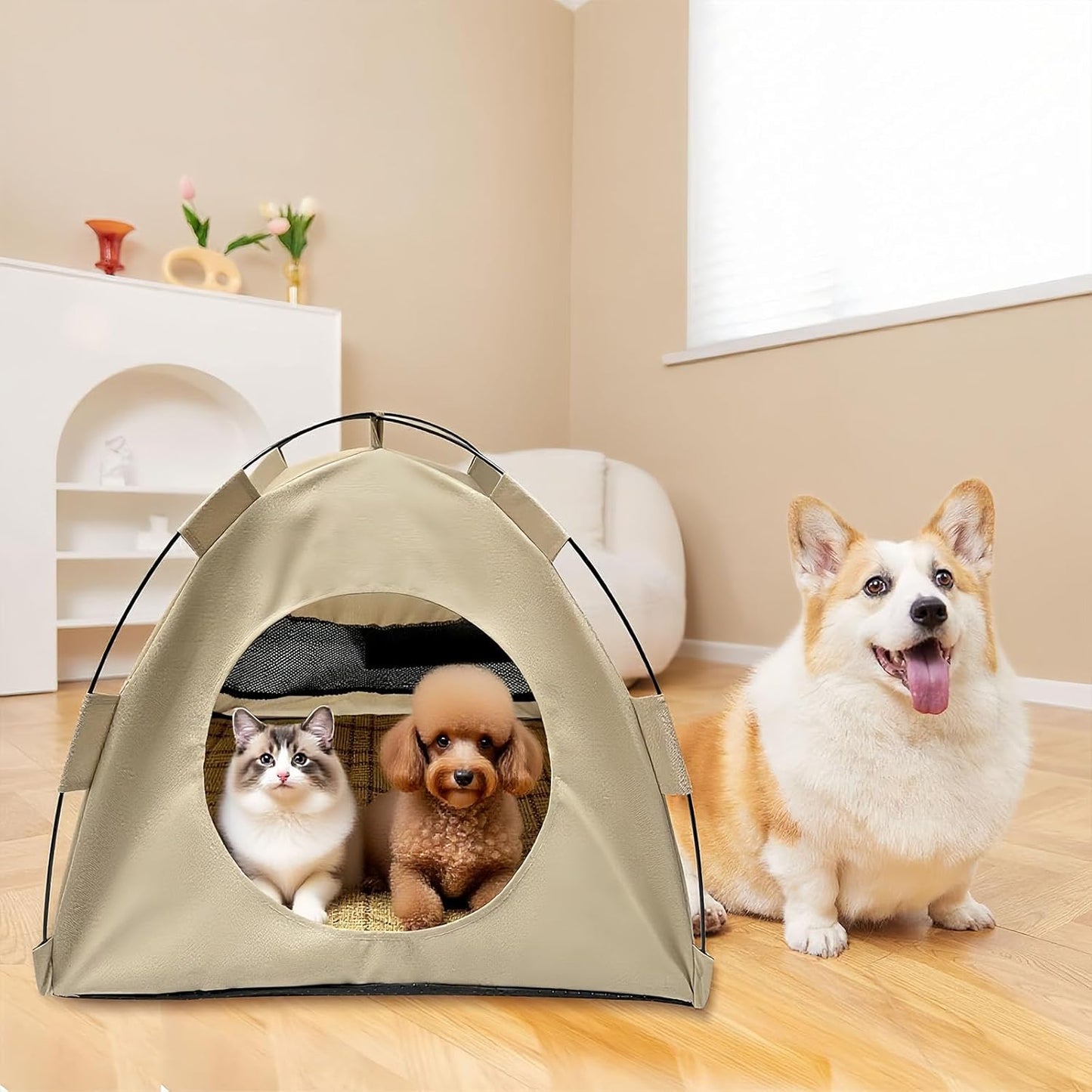 BreezyDen Pop-Up Pet Tent – Portable Hideaway for Cats & Small Dogs, Portable Indoor/Outdoor Pet Tent House with Mesh Window, Waterproof, Breathable, Scratch-Resistant, Fully Washable (Brown,L)