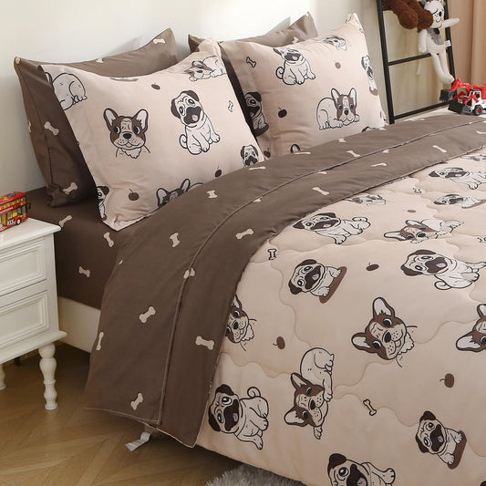Kids Comforter Set 7 Piece Bedding Cute Dog Cartoon Animal Bed Microfiber Comforter Twin Size All Season (1 Comforter, 1 Flat Sheet, 1 Fitted Sheet, 4 Pillowcase)
