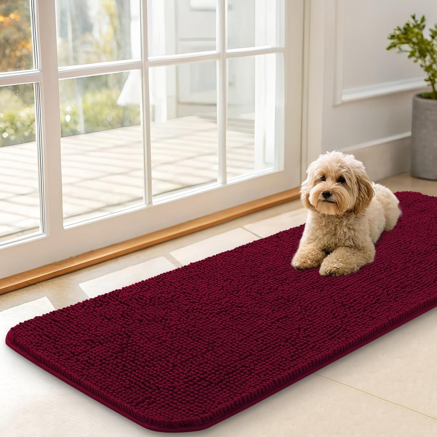 OLANLY Dog Door Mat for Muddy Paws 47x17, Absorbs Moisture and Dirt, Absorbent Non-Slip Washable Doormat, Quick Dry Chenille Mud Mat for Dogs, Entry Indoor Entryway Carpet for Inside Floor, Burgundy