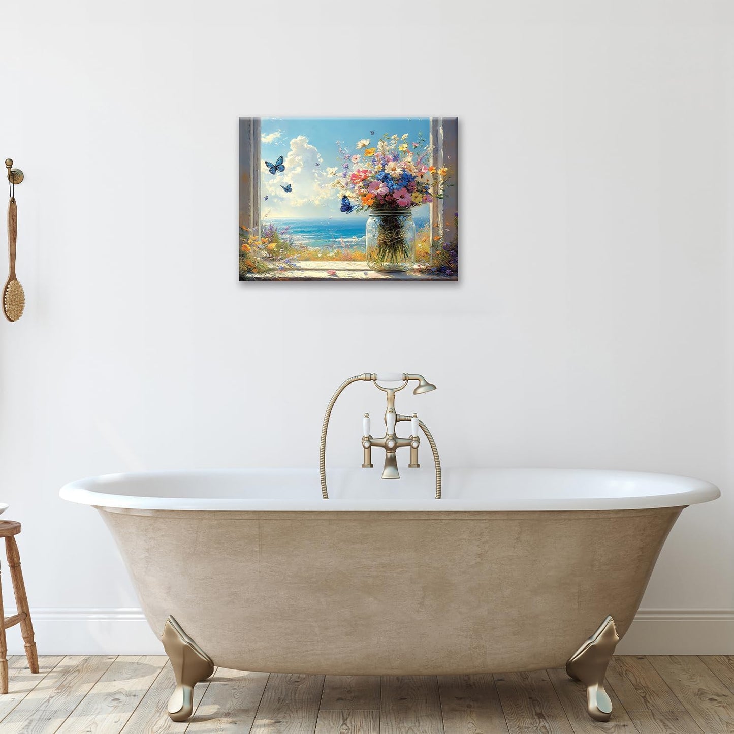 Beach Floral Bathroom Pictures Wall Art, Colorful Flower Bathroom Wall Decor, Coastal Ocean Framed Painting Canvas Artwork for Bedroom Living Room Decorations 16"L x 12"W