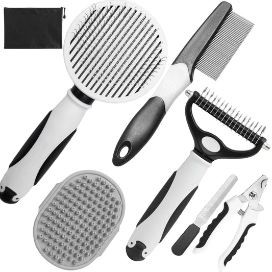 Dog Brush for Shedding, 7 PCS Dog Grooming Brush Kit, Undercoat Rake, Slicker Brush, Deshedding Comb, Bath Brush, Nail Clipper for Long & Short Haired Dogs & Cats, Black