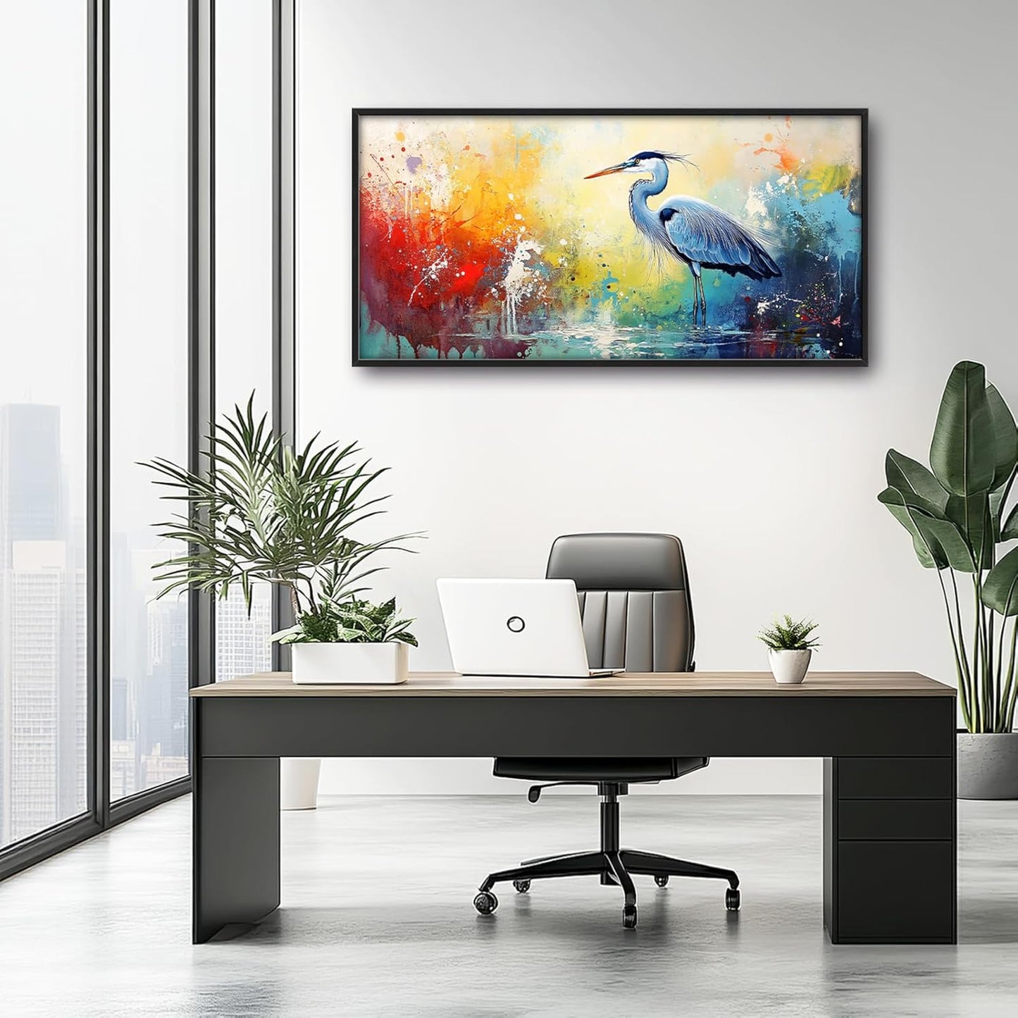 Extra Large Framed Abstract Heron Wall Art,Oversized Colorful Graffiti Heron Wall Decor Pictures for Living Room,Canvas Print Painting Modern Artwork Bedroom Office Bathroom Home Decor 60L x 30W