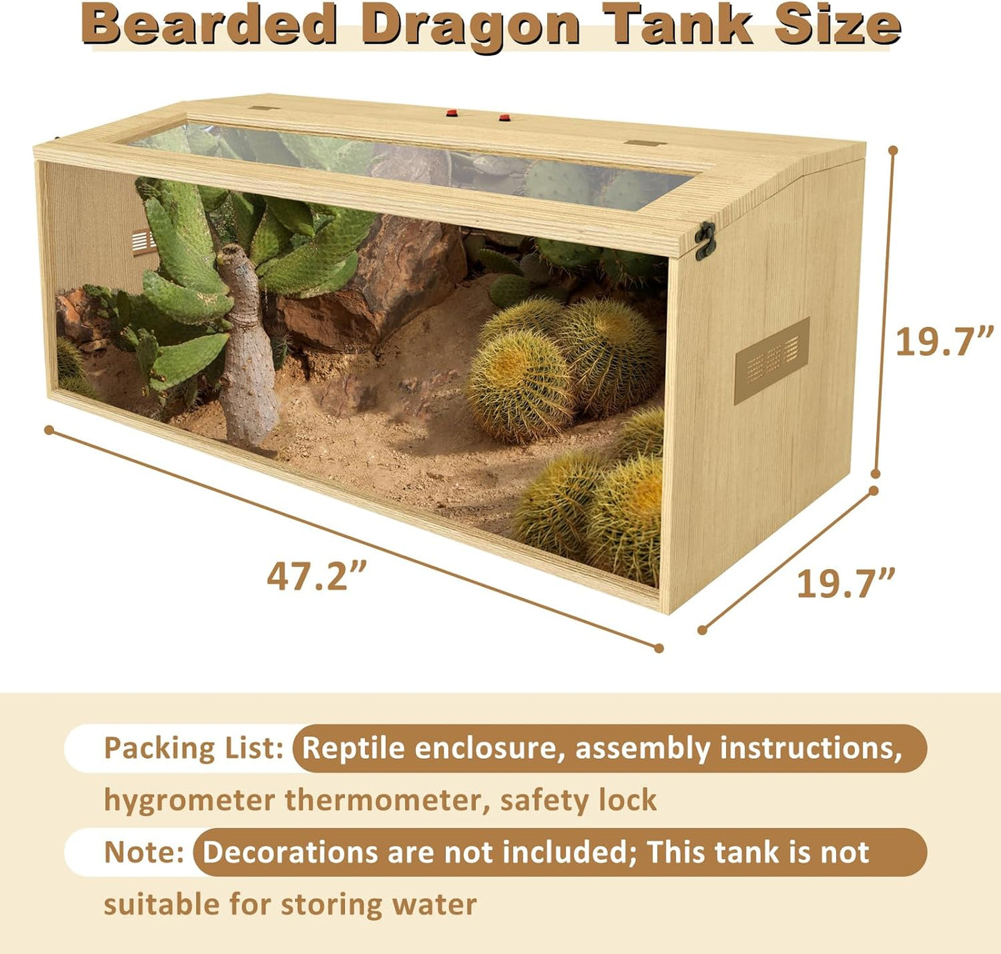 80 Gallon Reptile Terrarium, Large Snake Enclosure, Lizard and Leopard Gecko Tank With Openable Roof Door, Lockable Bearded Dragon Enclosure (Wooden, 48" L x 20" W x 20" H)