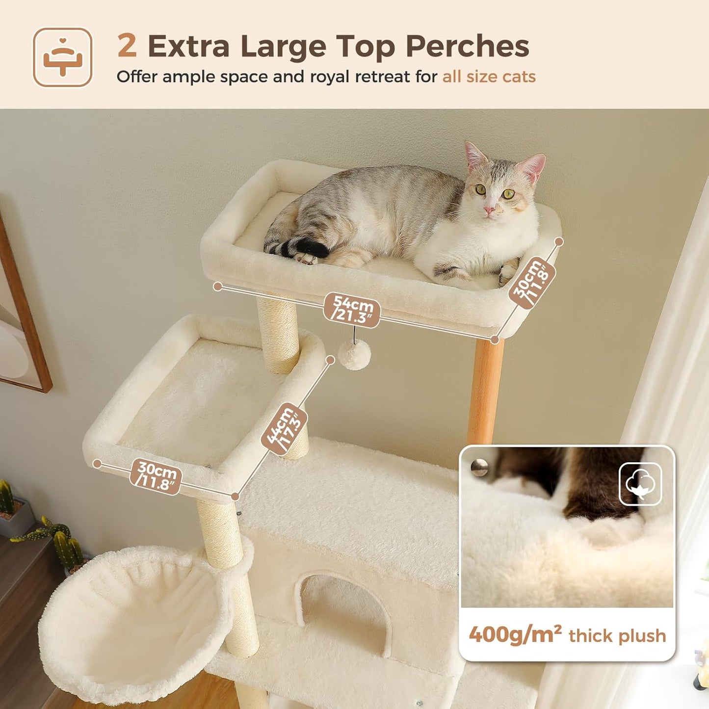 PAWZ Road Large Cat Tree, 73 Inches Tall Wooden Cat Tower with 2 Spacious Hammocks,2 Big Top Beds,8 Fully Scratching Posts and Natural Wood Posts, Multi Cat Tree for Indoor Cats Large Adult-XL